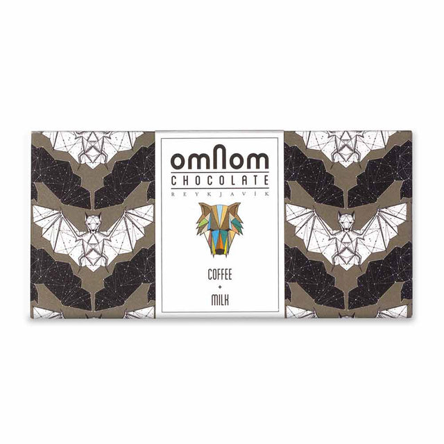 OmNom Coffee and Cream White Chocolate with Coffee 60g features Icelandic chocolate blended with Nicaraguan coffee beans, wrapped in a design with geometric animals and repeated origami bats.