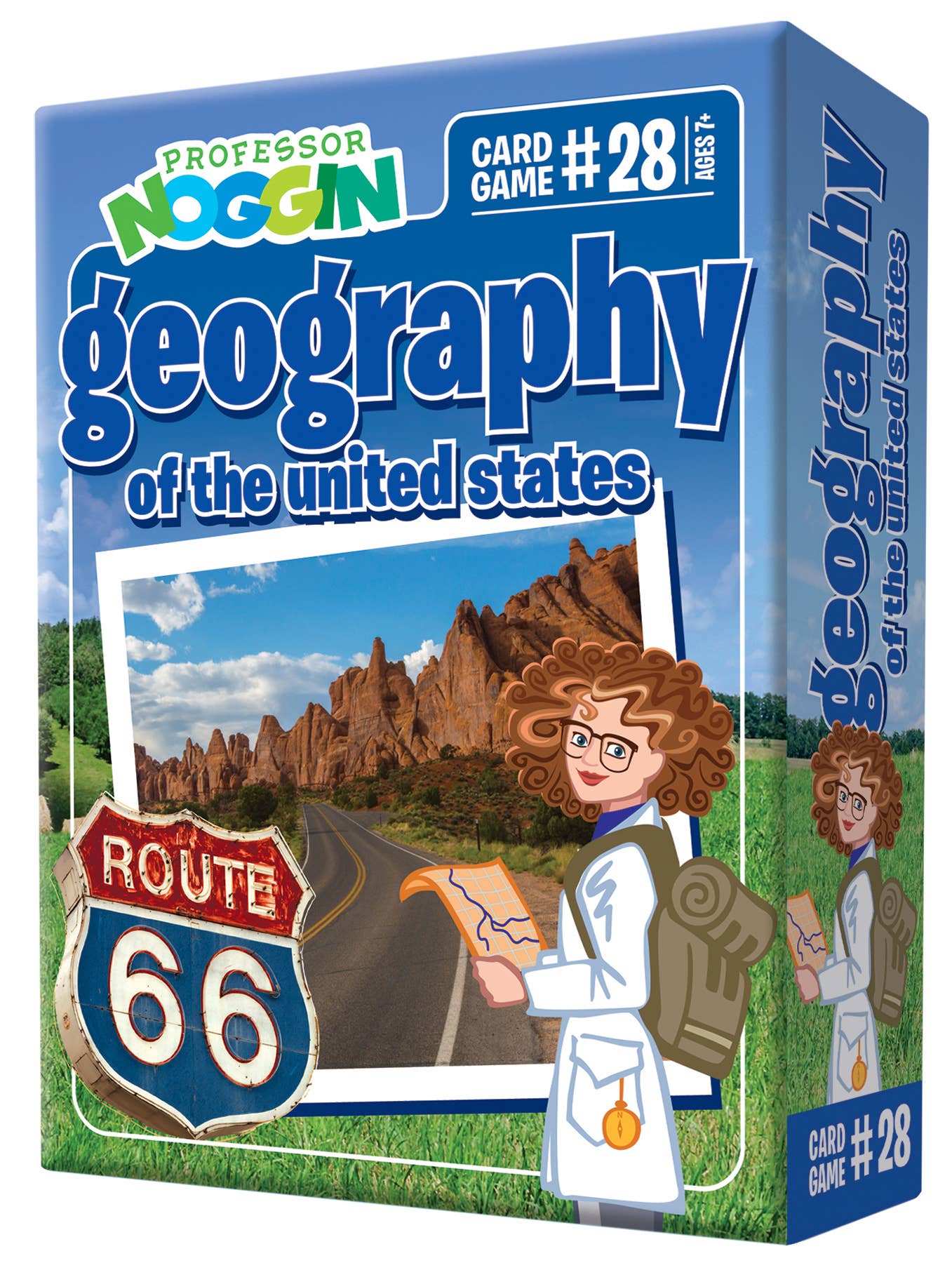 Box of Playing Cards: Prof. Noggin Geography of the US Card Game, an educational trivia game for kids, featuring Route 66 and a scientist character with a map.