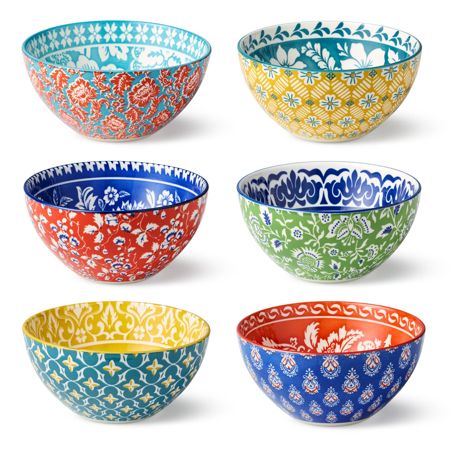 Six Multi-Color Patterned Porcelain All Purpose Bowls (6.25in) are arranged in two rows of three on a white background, displaying intricate red, blue, yellow, and green designs.