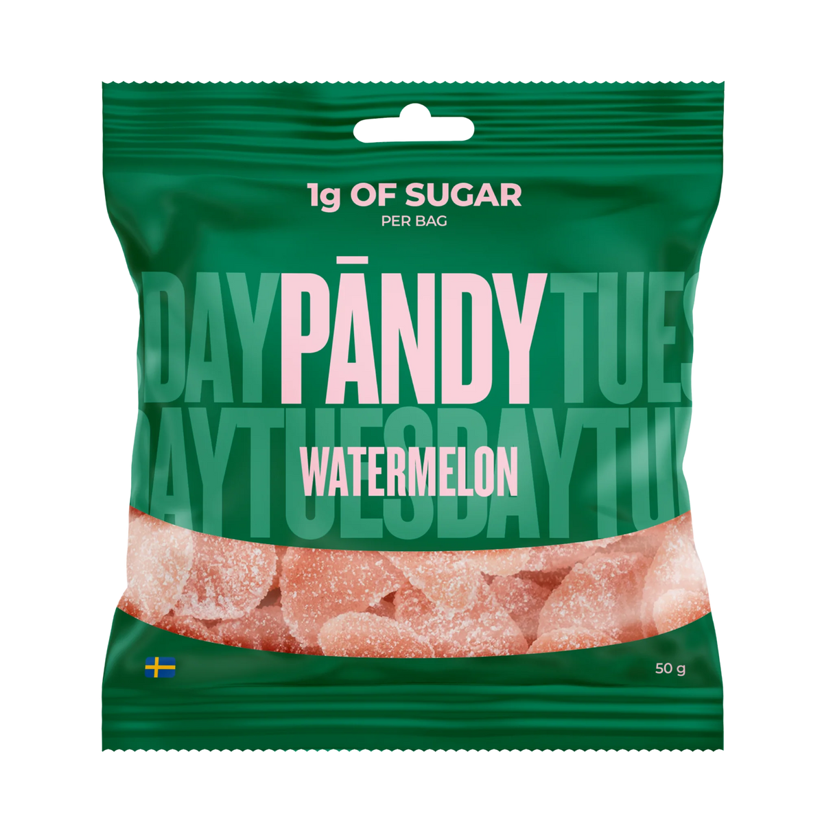 A vibrant green and pink bag of PÄNDY WATERMELON gummy candy from Swedish Sweets Wholesale LLC - Swedish Candy, containing 50g of sugar-free, watermelon-shaped gummies dusted with a sweet coating. The packaging displays a small Swedish flag in the corner and highlights just 1g of sugar per bag, making it a tasty and healthier alternative inspired by classic Swedish treats.