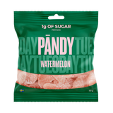 A vibrant green and pink bag of PÄNDY WATERMELON gummy candy from Swedish Sweets Wholesale LLC - Swedish Candy, containing 50g of sugar-free, watermelon-shaped gummies dusted with a sweet coating. The packaging displays a small Swedish flag in the corner and highlights just 1g of sugar per bag, making it a tasty and healthier alternative inspired by classic Swedish treats.