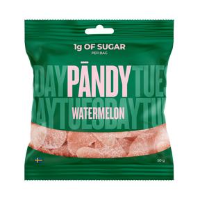 A vibrant green and pink bag of PÄNDY WATERMELON gummy candy from Swedish Sweets Wholesale LLC - Swedish Candy, containing 50g of sugar-free, watermelon-shaped gummies dusted with a sweet coating. The packaging displays a small Swedish flag in the corner and highlights just 1g of sugar per bag, making it a tasty and healthier alternative inspired by classic Swedish treats.