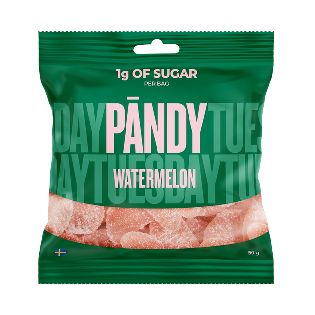 A vibrant green and pink bag of PÄNDY WATERMELON gummy candy from Swedish Sweets Wholesale LLC - Swedish Candy, containing 50g of sugar-free, watermelon-shaped gummies dusted with a sweet coating. The packaging displays a small Swedish flag in the corner and highlights just 1g of sugar per bag, making it a tasty and healthier alternative inspired by classic Swedish treats.
