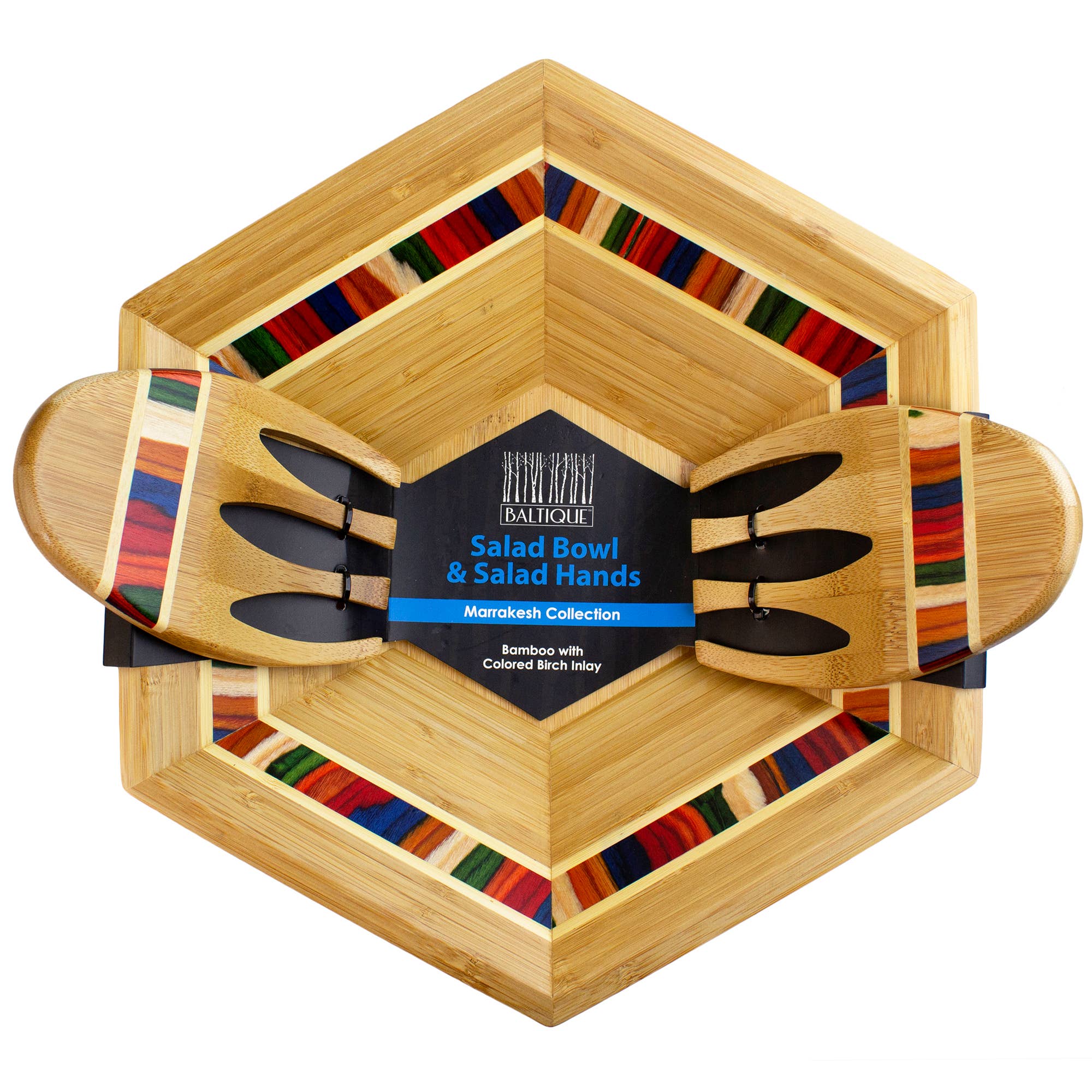 This hexagonal bamboo salad bowl set from the Marrakesh collection, featuring vibrant inlays, includes a matching pair of salad servers.