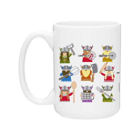 The Coffee Mug: Kitchen Vikings with Utensils Artwork by Cindy Lindgren is a 15 oz white ceramic mug featuring cartoon Vikings with utensils—a fun and unique gift for coffee lovers or fans of playful Viking designs.