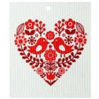 The Red Scandi Heart with Love Birds Folk-Art Swedish Dish Cloth (6.6" x 7.9"), made in Sweden, features a stylized floral heart design—perfect for an eco-friendly kitchen towel or biodegradable cleaning cloth.