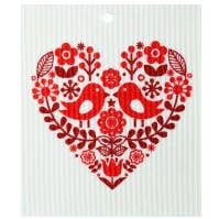 The Red Scandi Heart with Love Birds Folk-Art Swedish Dish Cloth (6.6" x 7.9"), made in Sweden, features a stylized floral heart design—perfect for an eco-friendly kitchen towel or biodegradable cleaning cloth.