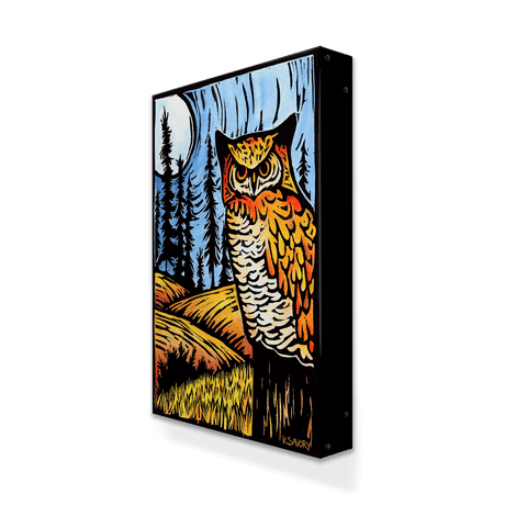 The "Field of Dreams" wall decor is an 18" x 26" aluminum box art piece featuring a stylized great horned owl in a forest at night, with trees, grass, and a moon. The artist K. Satori’s signature appears on the bottom right.