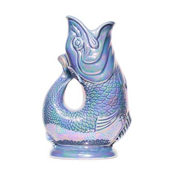 The Gluggle Jug Lustre by Faire - The Original Gluggle Jug Factory is a ceramic fish-shaped pitcher with an open mouth spout and curved tail handle, made in Europe—a classic touch of British tradition.