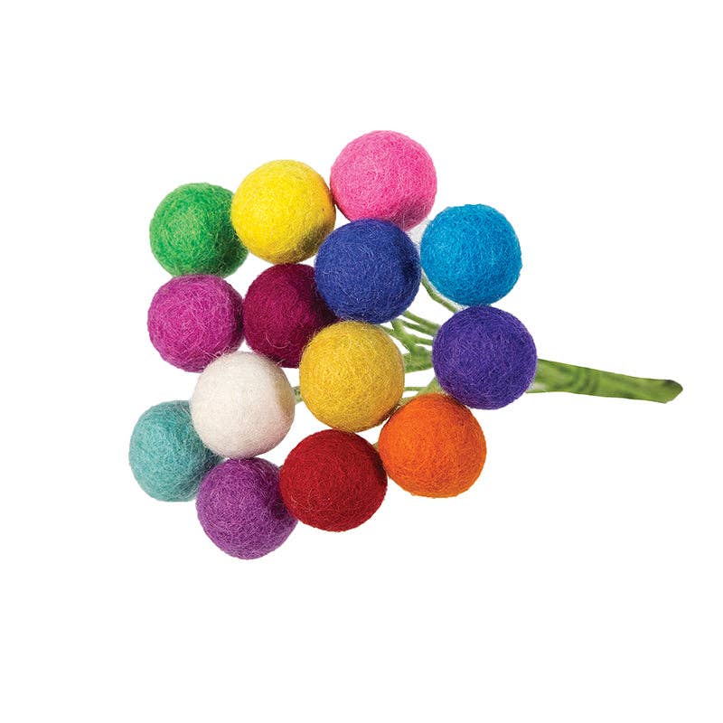 The Wool Felted Ball Flower Set features a vibrant array of wool felted ball flowers in different colors, artistically arranged on green stems against a white background, highlighting the appeal of handmade everlasting flowers.