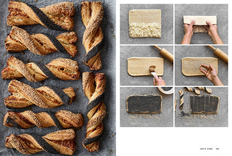 On the left, baked pastry sticks with poppy and sesame seeds; on the right, a step-by-step guide from "Book: Scandinavian from Scratch" by Penguin Random House shows rolling, filling, folding, cutting, and twisting before baking.