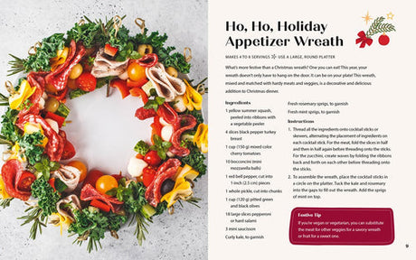 The Cozy Christmas Cookbook by Taylor Vance features a modern appetizer wreath with assorted vegetables and meats arranged in a festive circle. Enjoy step-by-step instructions and ingredients conveniently displayed on the right side for this holiday treat.