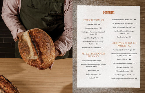 A person in an apron holds a round sourdough loaf; beside them is the table of contents from *Bring Home the Bakery: Sourdough Recipes for High Hydration Breads, Laminated Pastries and Swedish Buns* by Grego Montalban Sanchez & Hanna Lofgren.