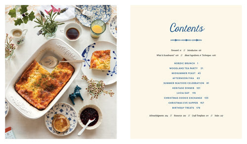 A cozy meal scene with lasagna, drinks, and a patterned tablecloth captures the spirit of "Scandinavian Gatherings" by Melissa Bahen (Penguin Random House), with a contents page nearby listing themed meal inspirations.
