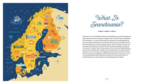 A vibrant illustrated map of Scandinavia highlights Norway, Sweden, Denmark, and Finland with landmarks. Next to it, text from "Book: Scandinavian Gatherings" by Melissa Bahen (Penguin Random House) explains What Is Scandinavia? and its unique traditions.