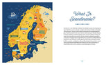 A vibrant illustrated map of Scandinavia highlights Norway, Sweden, Denmark, and Finland with landmarks. Next to it, text from "Book: Scandinavian Gatherings" by Melissa Bahen (Penguin Random House) explains What Is Scandinavia? and its unique traditions.