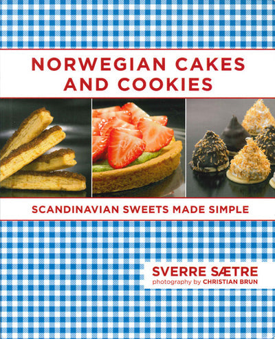 Cover of the book "Norwegian Cakes and Cookies" by Sverre Sætre, featuring an array of Scandinavian desserts such as pastries, a strawberry tart, and decorated cookies set against a blue checkered background.