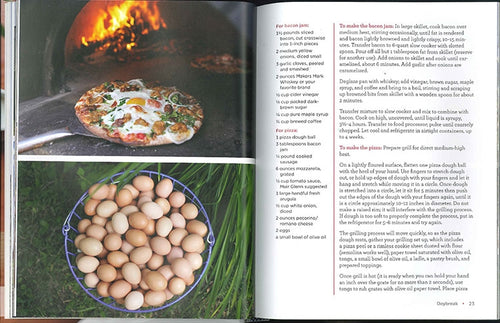 A page from "Farmer and the Chef" features a mouth-watering wood-fired pizza in an oven next to a basket of farm-fresh eggs, with the recipe text capturing the essence of Minnesota farming and farm-to-table cuisine.