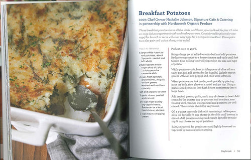 A casserole dish filled with hearty breakfast potatoes, a spoon resting inside. To the right, text from the book *Farmer and the Chef* highlights its farm-to-table origins, drawing inspiration from classic Minnesota recipes.