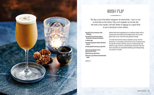 On the table, a cocktail glass containing an Irish Flip is accompanied by two small bowls and a pine cone, setting the scene for relaxing winter beverages. For the recipe and description, see "Book: Winter Drinks" on the right page.