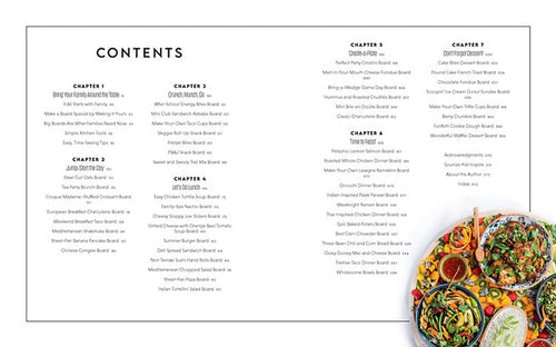 Inside the "Big Boards for Families" book, you'll find a table of contents featuring chapters with recipes for pasta, chicken, and desserts ideal for family meals. In the bottom right corner, there's a glimpse of vibrant plated dishes to inspire your next gathering, along with some hosting tips.