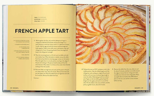 An open spread from "Beautiful Brunches" reveals a decadent French Apple Tart recipe, featuring detailed instructions and ingredients on one page, alongside a stunning photo of the expertly baked tart, perfect for elevating any brunch gathering.