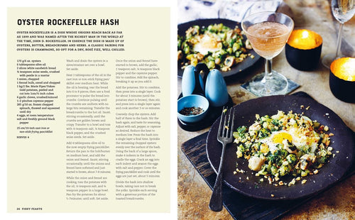 A page from "Book: Bottomless Brunch" presenting a mouthwatering Oyster Rockefeller Hash recipe on a dark plate, ideal for endless brunch. The accompanying photo features boozy cocktails and condiments, providing an alluring preview of brunch recipes designed to enhance any gathering.