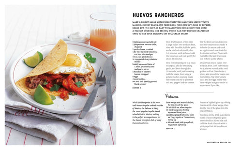 Image featuring a plate of huevos rancheros with avocado and lime wedges beside a glass of juice. Ideal for brunch recipes, the right side showcases a detailed recipe and text about this flavorful dish, inspired by insights from the book "Bottomless Brunch.