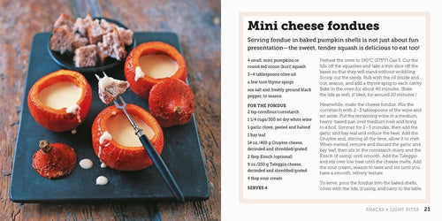 Three mini cheese fondues nestled in baked pumpkin shells are artfully arranged on a black tray, accompanied by bread cubes on a fork and scattered around. This delectable twist on pumpkin recipes is perfectly complemented with the book "Pumpkin: 50 Cozy Recipes for Cooking with Pumpkin From Savory to Sweet," open to reveal delicious inspiration on the right page.