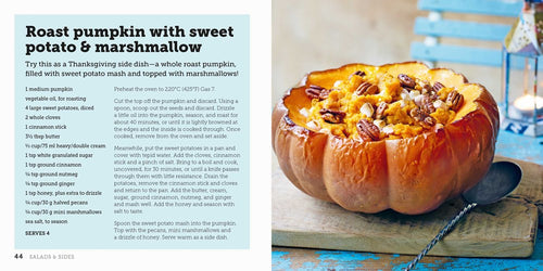 A delightful dish featuring a whole roasted pumpkin filled with sweet potato mash and garnished with marshmallows and pecans highlights one of the comforting pumpkin recipes ideal for any fall dessert spread. The image showcases a recipe from "Pumpkin: 50 Cozy Recipes for Cooking with Pumpkin From Savory to Sweet" on the left.