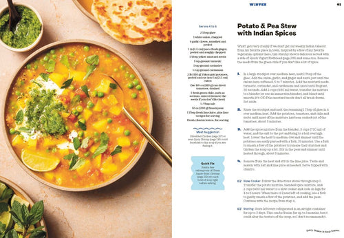 Explore the Recipe page in "Every Season is Soup Season," showcasing a delicious Potato & Pea Stew with Indian Spices, beautifully presented in a bowl. This nutritious recipe includes the ingredients and detailed instructions on the opposite page, perfect for making Instant Pot soups that warm both heart and soul.