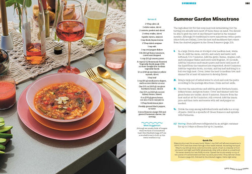 A table setting with a delectable soup and a drink on the left; on the right, a nutritious Summer Garden Minestrone recipe featuring step-by-step instructions and ingredients. Ideal for anyone looking to enjoy delightful flavors, particularly when prepared as Instant Pot soups, as showcased in the book *Every Season is Soup Season*.