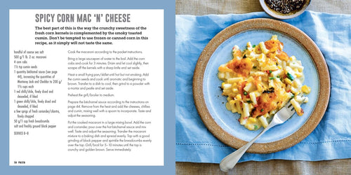 Check out the page in Book: Melted Cheese 60 Gorgeously Gooey Recipes featuring Spicy Corn Mac N Cheese. A photo captures the dish on a plate, showcasing pasta with corn and a crispy topping, all elegantly placed on a blue cloth.