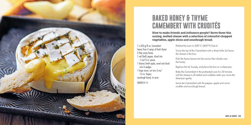 A tray featuring baked Camembert with a golden, melted center is the ultimate comfort food from Melted Cheese: 60 Gorgeously Gooey Recipes. Accompanied by bread slices and a recipe text, this delight promises satisfaction.