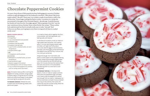 Recipe for chocolate peppermint cookies paired with an image of iced cookies and crushed peppermint candy. Ideal for Holiday Cookie Contests, this treat is featured in the Ultimate Minnesota Cookie Book.