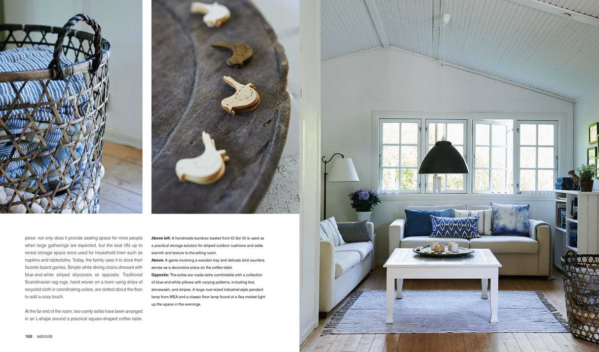A wicker basket with knits, bird-shaped wooden clips, and a cozy living room—beige sofa, blue pillows, coffee table, black pendant lamp—all inspired by nature and the book Relaxed Rustic by Niki Brantmark.
