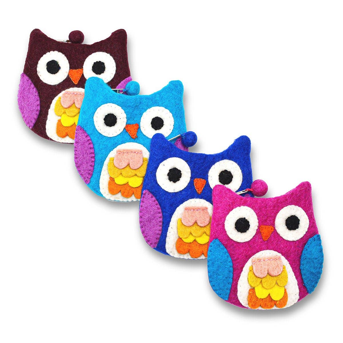 Four handmade wool coin purses, including the Bag: Blue Owl with Felt Fur Design Coin Purse, feature owl shapes with large eyes and colorful details. Each purse is crafted in Nepal and displayed in a row.