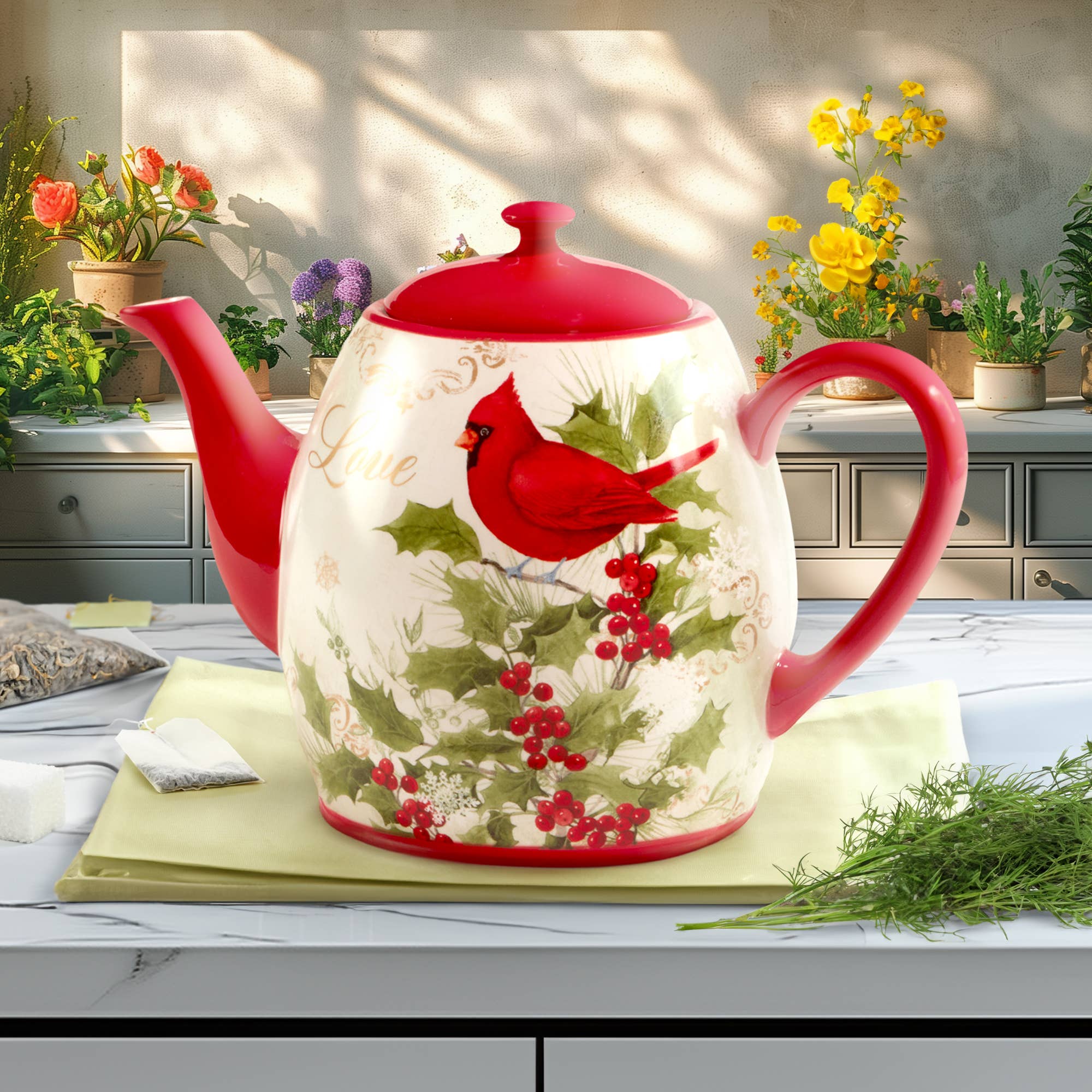 The Winters Medley Cardinal Teapot 40 oz., with a red lid and handle and festive cardinal and holly design, sits on a kitchen counter among herbs and blooming potted plants.