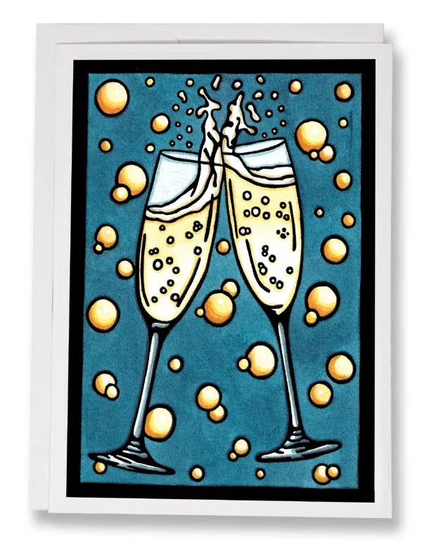 An illustration features two champagne glasses clinking, with bubbles rising against a blue background, embodying the signature style of Sarah Angst Art. This "Greeting Card: Celebration Champagne" perfectly captures a festive moment with the charm commonly found in linocut prints, making it an ideal choice for greeting cards.