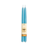 A charming bee logo decorates the label of a Big Dipper Wax Works 100% Beeswax Taper Candle Pair, featuring two elegant blue tapers.