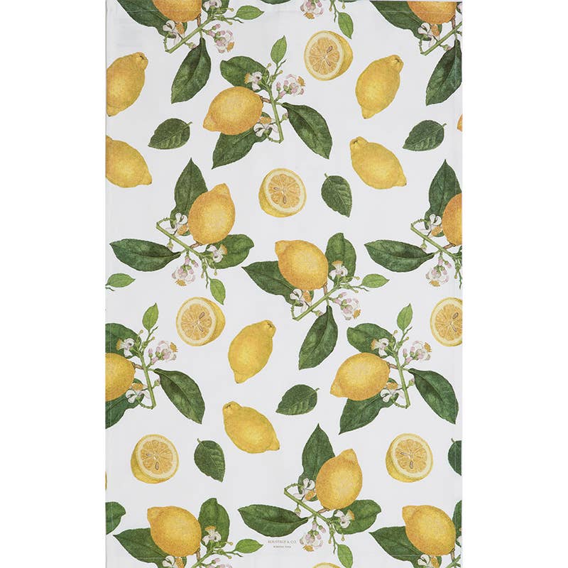 This tea towel, named "Tea Towel: Lemons," is beautifully adorned with a pattern of lemons, lemon slices, green leaves, and small flowers on a white background. Made from 100% organic cotton in Europe, it's an ideal way to bring a fresh touch to your kitchen decor. This product is designed in collaboration with Jim Lyngvild.