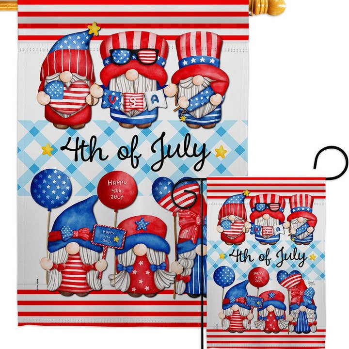 Illustration of four July 4th gnomes in Americana outfits with flag elements, holding balloons and signs above 4th of July text on a blue checkered background. Product: Flag: July 4th Gnome Americana Fourth of Decor Flag.