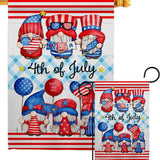 Illustration of four July 4th gnomes in Americana outfits with flag elements, holding balloons and signs above 4th of July text on a blue checkered background. Product: Flag: July 4th Gnome Americana Fourth of Decor Flag.