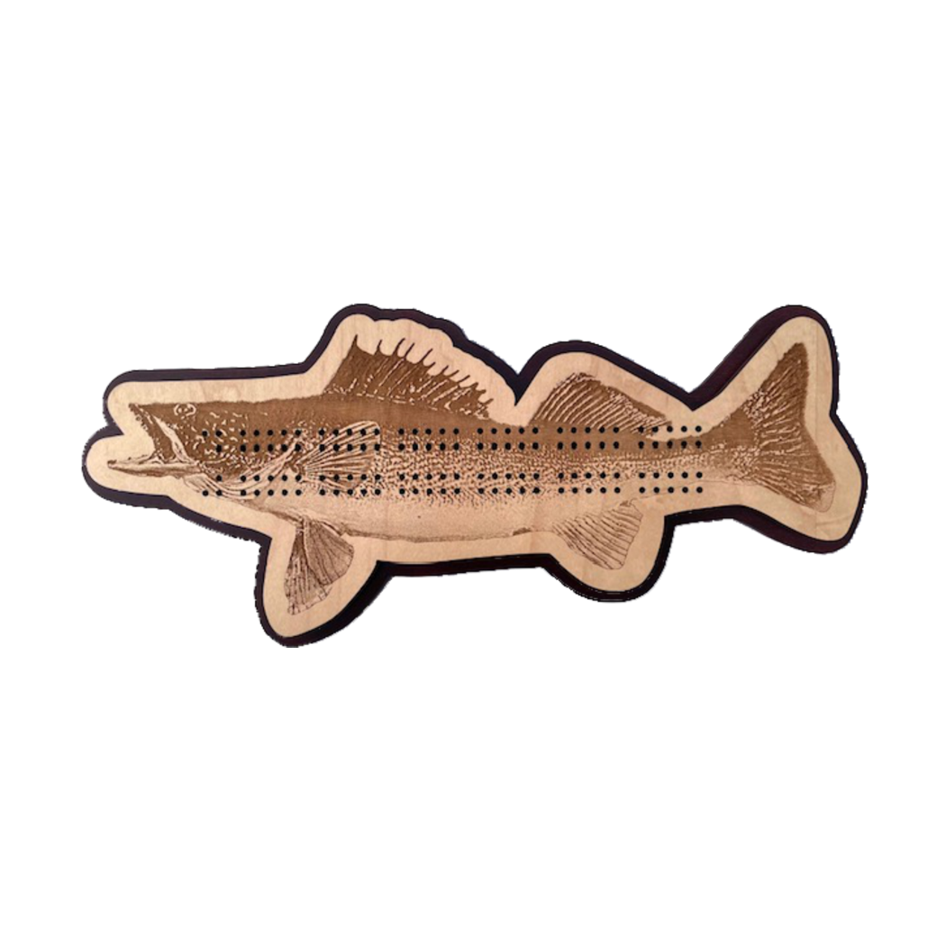 The Cribbage: Walleye Cribbage Board showcases a Minnesota-inspired fish shape with cribbage scoring holes and is expertly crafted from premium maple wood.