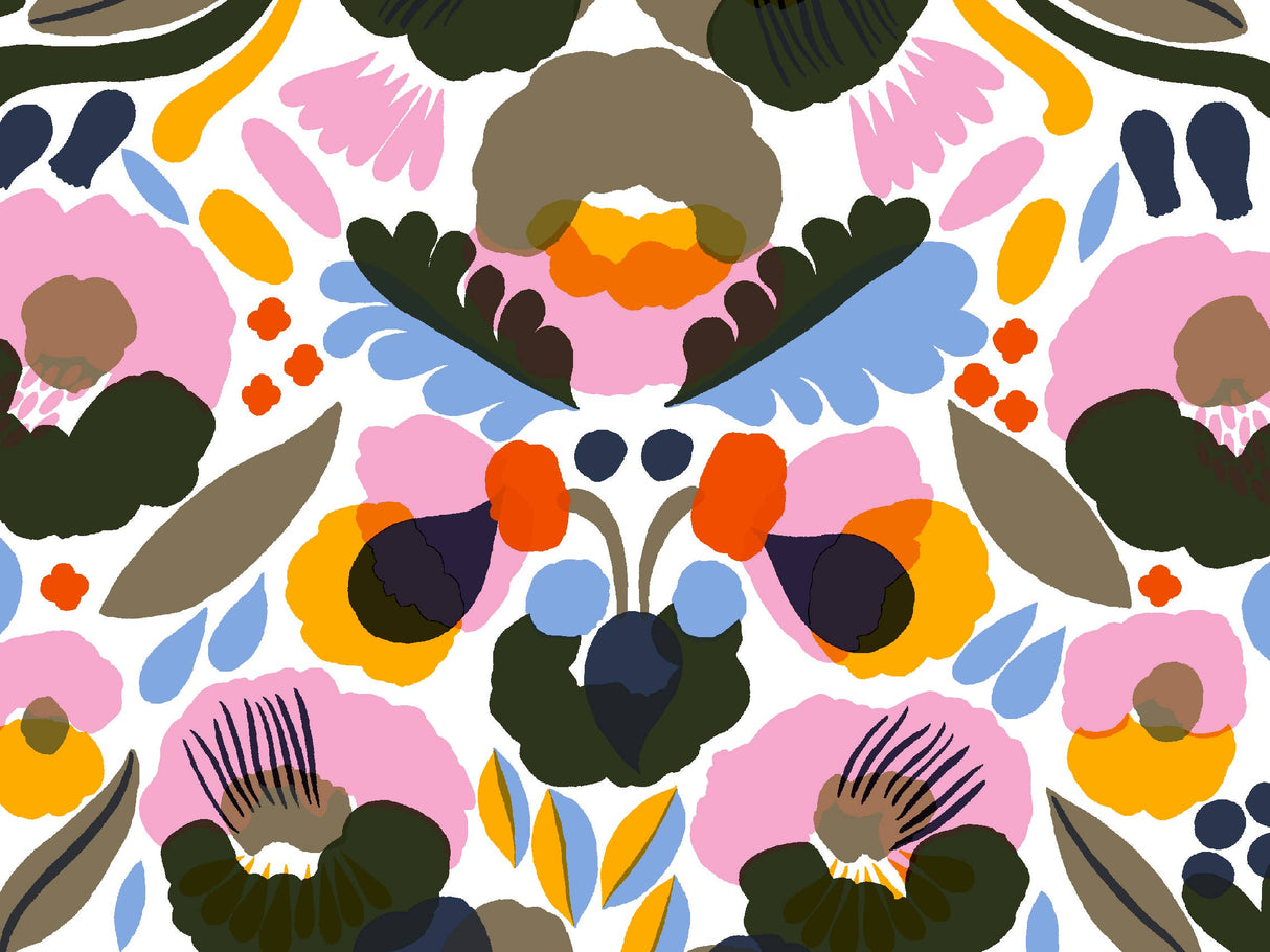 Bold, colorful abstract floral design in pink, orange, blue, green, and yellow on white—perfect for Cards: Marimekko Kukka Notecards 5x7 16 Cards & Envelopes. Ideal for a vibrant stationery set inspired by Marimekko style.
