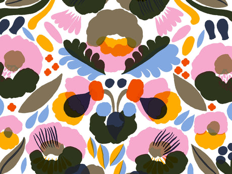 Bold, colorful abstract floral design in pink, orange, blue, green, and yellow on white—perfect for Cards: Marimekko Kukka Notecards 5x7 16 Cards & Envelopes. Ideal for a vibrant stationery set inspired by Marimekko style.