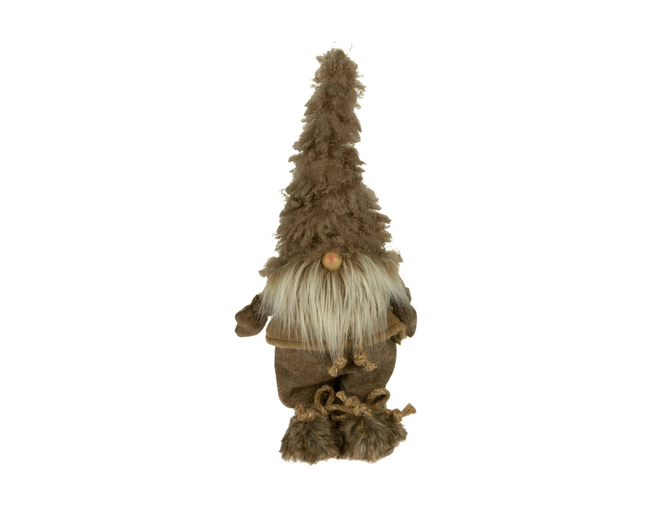 The 16" Brn Woodland Gnome, featuring a tall, fluffy hat, a long white beard, and fuzzy boots standing upright, is perfect for charming holiday decor.