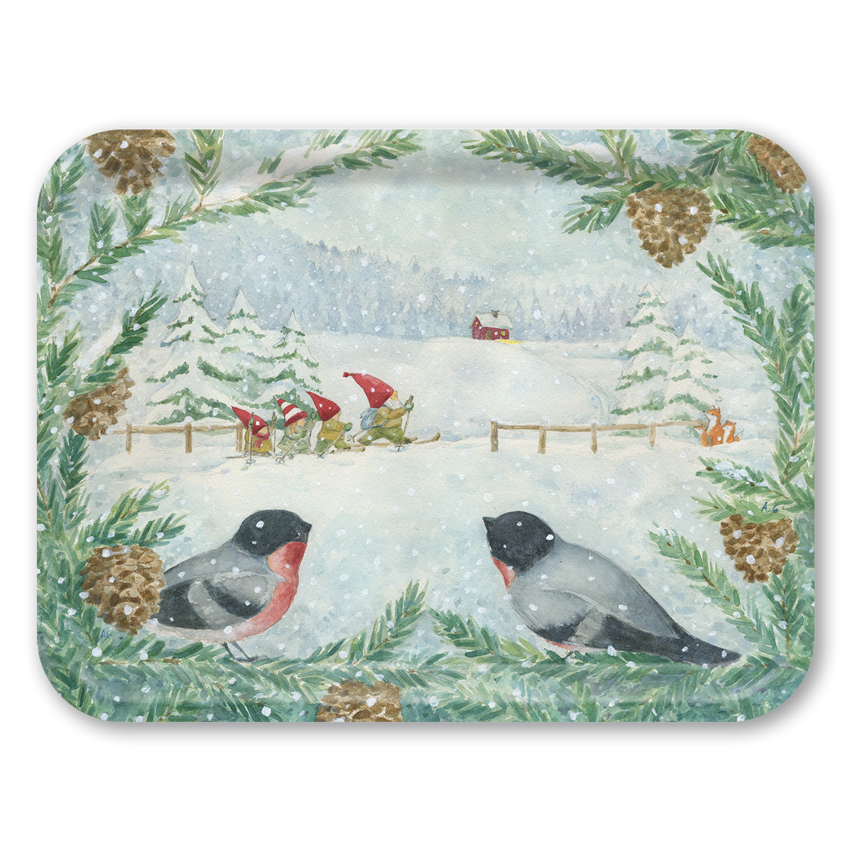 Nordic scene with two bullfinches on snowy pine branches, gnomes skiing nearby, a red house in the background, and snow falling.