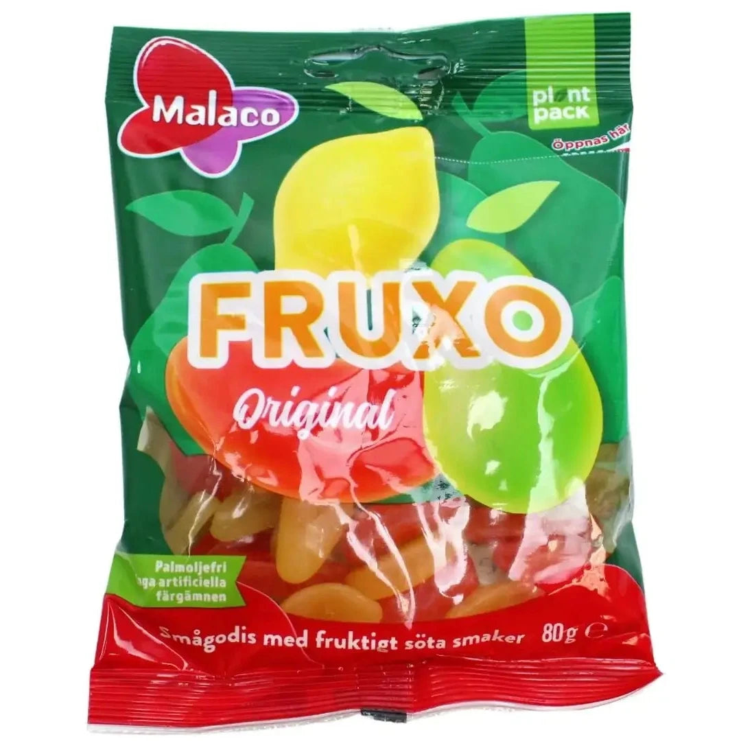 An 80g packet of Malaco - Fruxo Original fruit-flavored candies in eco-friendly green plant-based packaging.