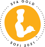 A gold circular logo shows a chef holding a dish, highlighted with Swiss Chocolate luxury, and labeled SFA Gold and Sofi 2021, connected to the MilkBoy Swiss Alpine Milk Chocolate with Caramel & Sea Salt 3.5 oz Bar.